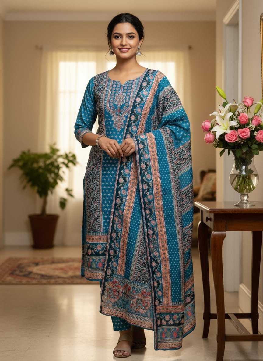 Teal Harmony Embroidered Silk Set - Image 1