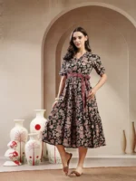 BLACK FLORAL PRINTED COTTON TIERED DRESS