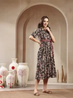 BLACK FLORAL PRINTED COTTON TIERED DRESS - Image 3