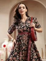 BLACK FLORAL PRINTED COTTON TIERED DRESS - Image 5