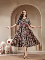 BLACK FLORAL PRINTED COTTON TIERED DRESS - Image 6