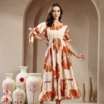 Brown Floral Printed Rayon Tiered Dress