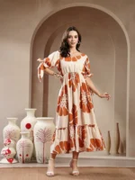 Brown Floral Printed Rayon Tiered Dress