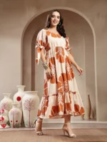 Brown Floral Printed Rayon Tiered Dress - Image 3