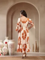 Brown Floral Printed Rayon Tiered Dress - Image 4