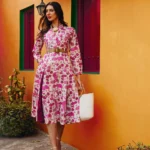 Women Pink Printed Kick Pleat Midi Dress