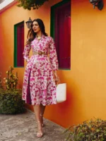 Women Pink Printed Kick Pleat Midi Dress