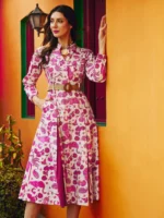 Women Pink Printed Kick Pleat Midi Dress - Image 2