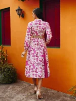 Women Pink Printed Kick Pleat Midi Dress - Image 3