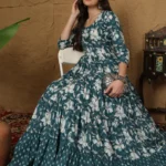 Women Rayon Printed Ankle Length Three-Quarter Sleeves Round Neck Tiered Kurta