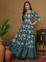 Women Rayon Printed Ankle Length Three-Quarter Sleeves Round Neck Tiered Kurta - Image 2