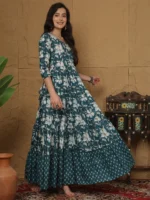Women Rayon Printed Ankle Length Three-Quarter Sleeves Round Neck Tiered Kurta - Image 3