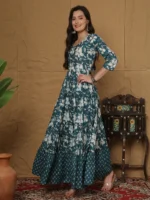 Women Rayon Printed Ankle Length Three-Quarter Sleeves Round Neck Tiered Kurta - Image 4