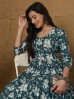 Women Rayon Printed Ankle Length Three-Quarter Sleeves Round Neck Tiered Kurta - Image 5