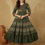 WOMEN COTTON PRINTED ANKLE LENGTH V-NECK TIERED KURTA