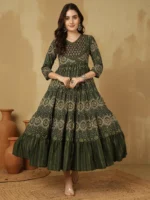 WOMEN COTTON PRINTED ANKLE LENGTH V-NECK TIERED KURTA