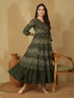 WOMEN COTTON PRINTED ANKLE LENGTH V-NECK TIERED KURTA - Image 2