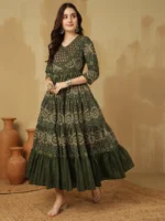 WOMEN COTTON PRINTED ANKLE LENGTH V-NECK TIERED KURTA - Image 3