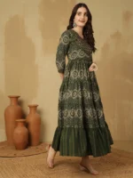 WOMEN COTTON PRINTED ANKLE LENGTH V-NECK TIERED KURTA - Image 4