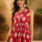 RED ETHNIC PRINTED RAYON PEPLUM TOP