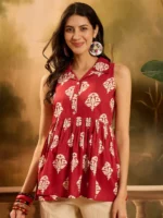 RED ETHNIC PRINTED RAYON PEPLUM TOP