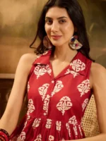 RED ETHNIC PRINTED RAYON PEPLUM TOP - Image 2