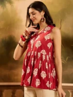 RED ETHNIC PRINTED RAYON PEPLUM TOP - Image 3