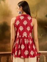 RED ETHNIC PRINTED RAYON PEPLUM TOP - Image 4