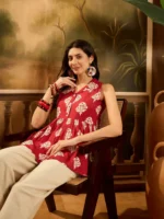 RED ETHNIC PRINTED RAYON PEPLUM TOP - Image 5