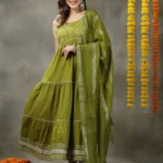 Embroidered Cotton Tiered Kurta with Dupatta