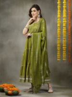 Embroidered Cotton Tiered Kurta with Dupatta - Image 3