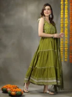 Embroidered Cotton Tiered Kurta with Dupatta - Image 4