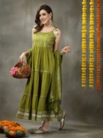 Embroidered Cotton Tiered Kurta with Dupatta - Image 2