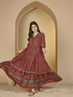 Cotton Calf Length Printed 3/4 Sleeves V-Neck Anarkali Kurta - Image 3