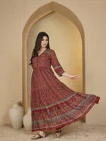 Cotton Calf Length Printed 3/4 Sleeves V-Neck Anarkali Kurta - Image 2