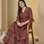 Cotton Calf Length Printed 3/4 Sleeves V-Neck Anarkali Kurta
