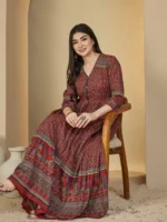 Cotton Calf Length Printed 3/4 Sleeves V-Neck Anarkali Kurta