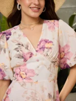 Women Off-White Floral Balloon Sleeve Short Dress - Image 4