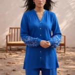 Women Cobalt Blue Sleeves Embroidered Shirt With Pants