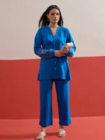 Women Cobalt Blue Sleeves Embroidered Shirt With Pants - Image 2