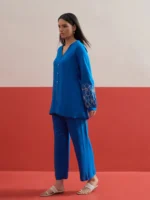 Women Cobalt Blue Sleeves Embroidered Shirt With Pants - Image 3