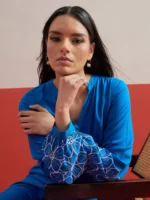 Women Cobalt Blue Sleeves Embroidered Shirt With Pants - Image 4