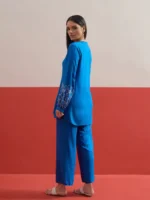 Women Cobalt Blue Sleeves Embroidered Shirt With Pants - Image 5