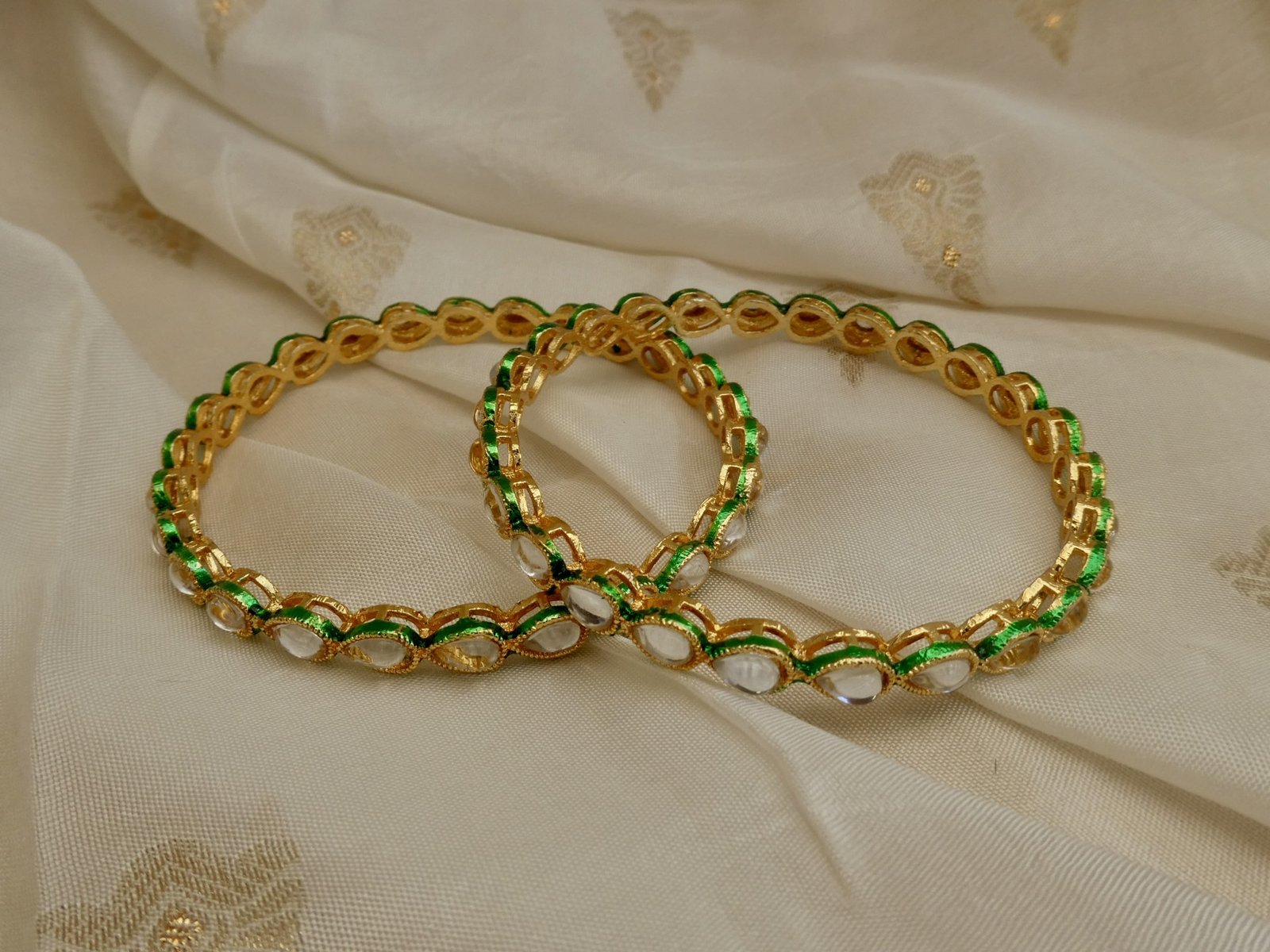 Bangle -ringgreen-3 Anti Tarnish White-Green Kundan Bangle - Image 1